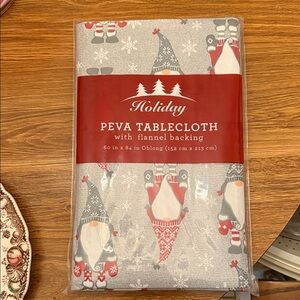Holiday Gnome Tablecloth with Flannel Backing - Red and Gray